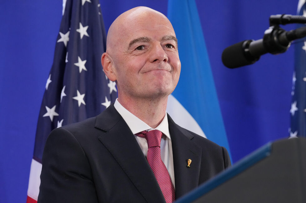 FIFA President Gianni Infantino speaks during a reception at Trump Tower with President Donald Trump in New York, Friday, July